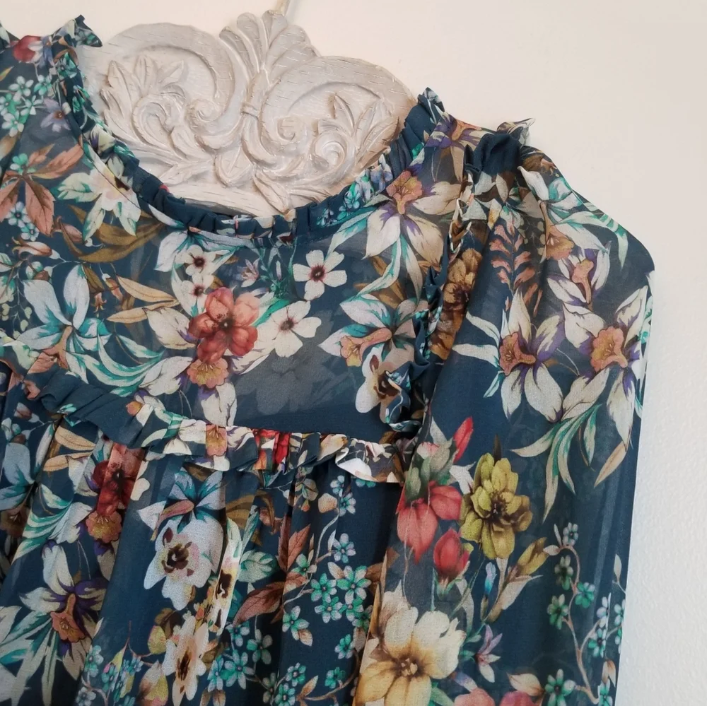 Anthropologie Eri + Ali Blue Boho Floral Velma Blouse Top Size Small Long Sleeve - Picture 6 of 11